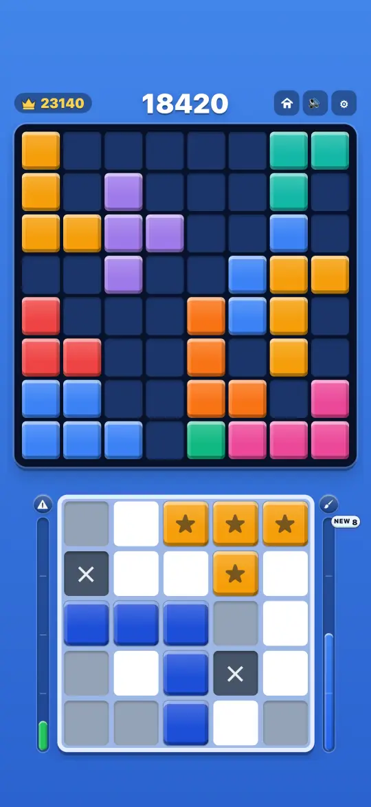 InkBlocks gameplay: drawing a block on the canvas below the 8×8 board